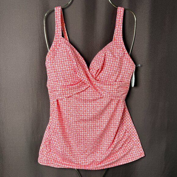 Lands' End Women's 4, 2-10 LONG Wrap Underwire Tankini Coral Geo Top Swimsuit  T - Picture 1 of 12